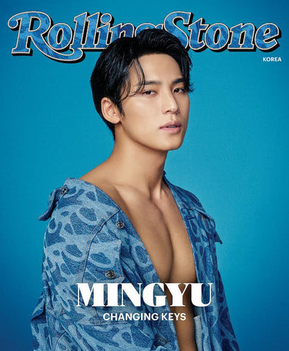 A cover of Rolling Stone Korea magazine featuring a male person in a blue patterned shirt with the text 'MINGYU' and 'CHANGING KEYS'.