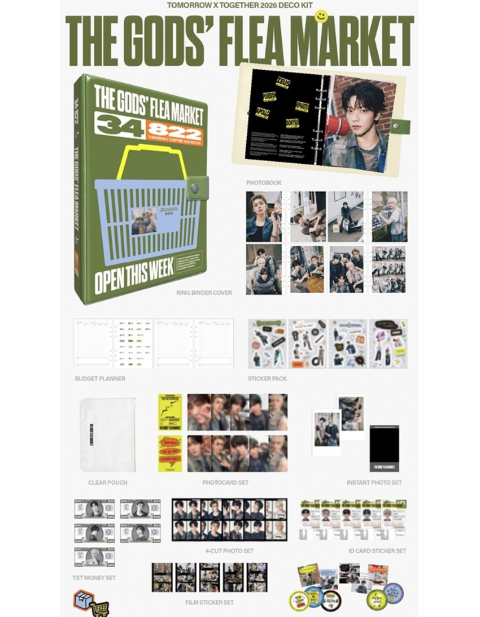 Promotional image of 'The Gods' Flea Market' product with packaging and images 